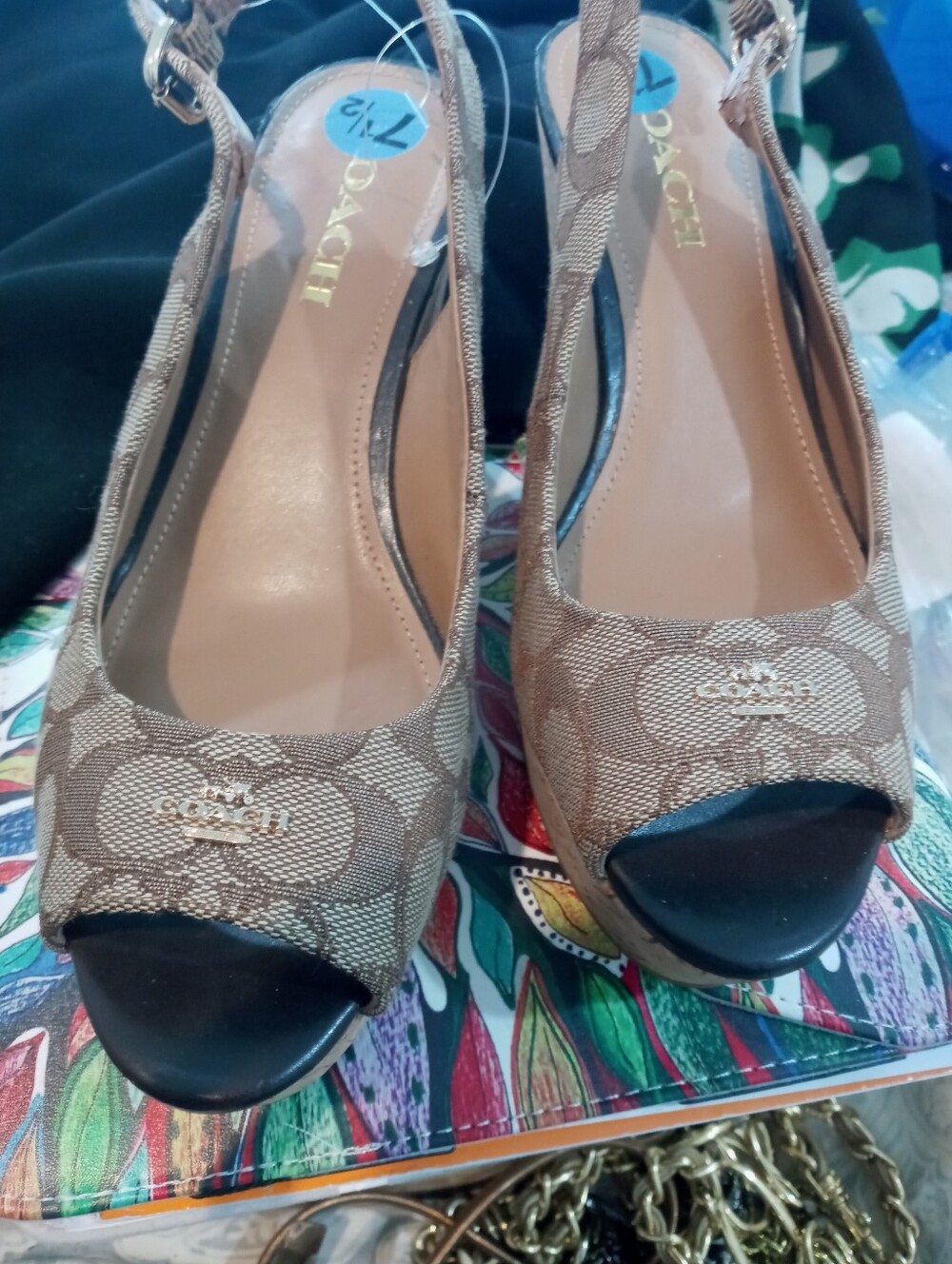 Coach Brown Signature Canvas Peep-Toe Slingback Heels with Gold Logo